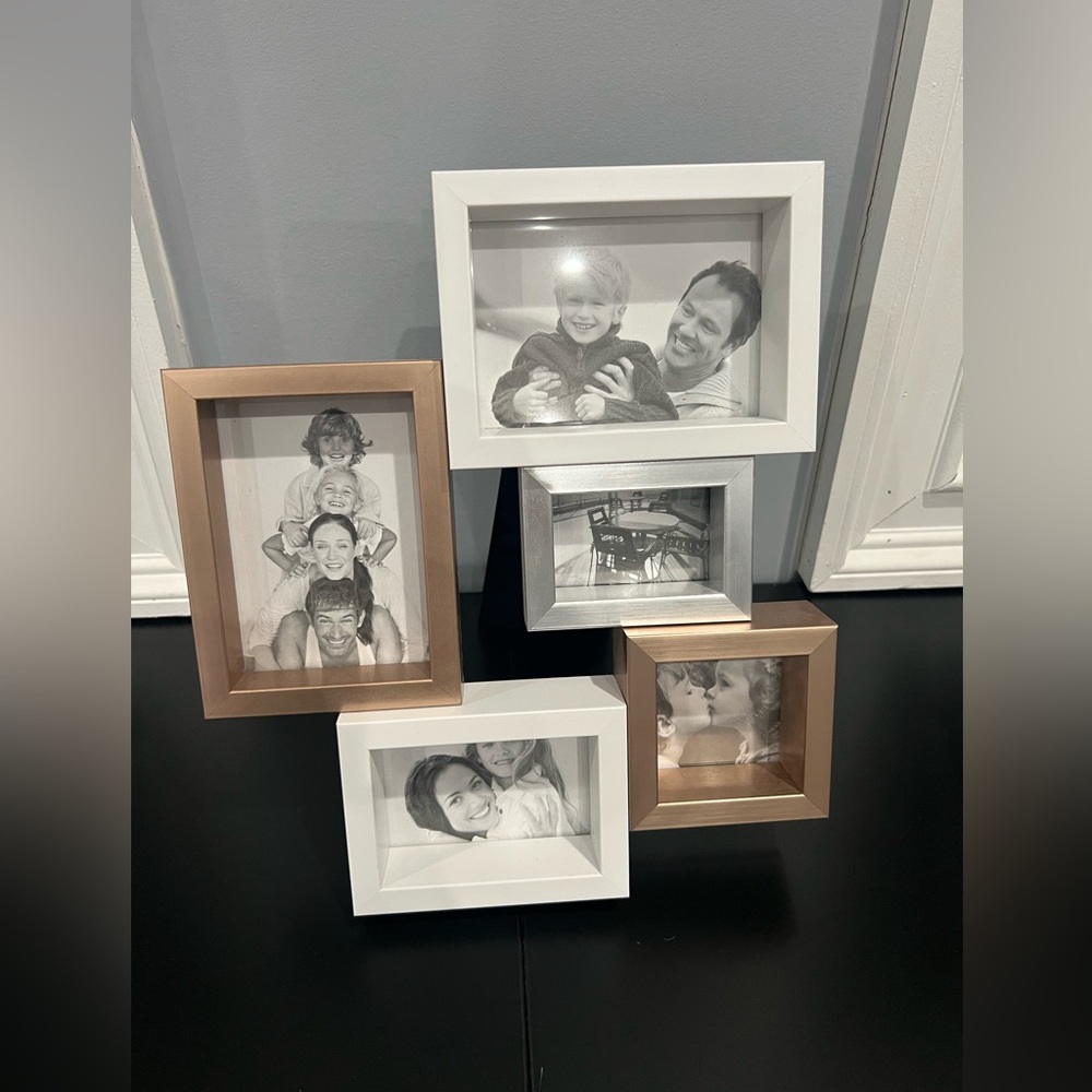 Modern Multi-Photo Frame in White, Silver, and Gold